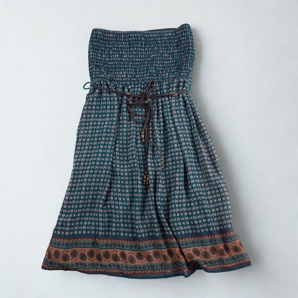 Ezra Strapless Smocked Mini Dress Womens L Teal Boho Geometric Wood Bead Belt
